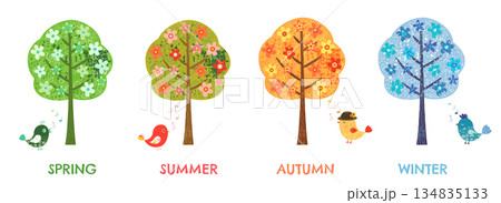 Cartoon vector trees with flowers and birds in four different seasons, Spring, Summer, Autumn and Winter 134835133