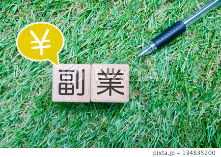 副業を示す木のブロックと日本円マーク。 副業を示す木のブロックと日本円マーク。 134835200