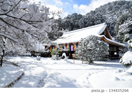 雪の積もった二尊院の本堂 134835266