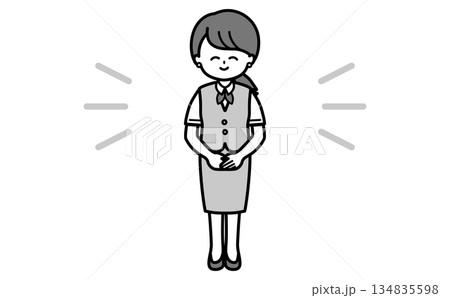 笑顔で丁寧に案内するシンプルな女性社員の全身イラスト 受付・接客・説明・資料用の白黒素材 笑顔で丁寧に案内するシンプルな女性社員の全身イラスト 受付・接客・説明・資料用の白黒素材 134835598