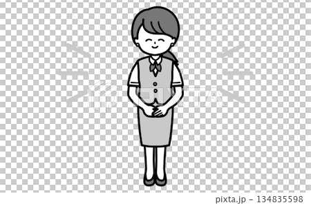 笑顔で丁寧に案内するシンプルな女性社員の全身イラスト 受付・接客・説明・資料用の白黒素材 笑顔で丁寧に案内するシンプルな女性社員の全身イラスト 受付・接客・説明・資料用の白黒素材 134835598
