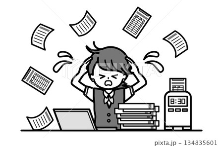 紙での勤怠管理の仕事が大変で忙しい事務の女性のシンプルな白黒イラスト 134835601