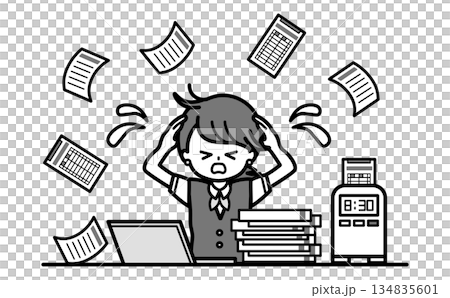 紙での勤怠管理の仕事が大変で忙しい事務の女性のシンプルな白黒イラスト 134835601