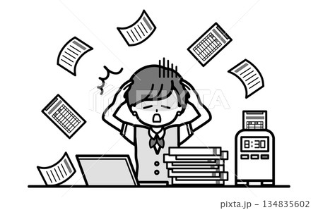 紙での勤怠管理の仕事が大変で忙しいショートヘアーの女性職員の白黒イラスト 紙での勤怠管理の仕事が大変で忙しいショートヘアーの女性職員の白黒イラスト 134835602
