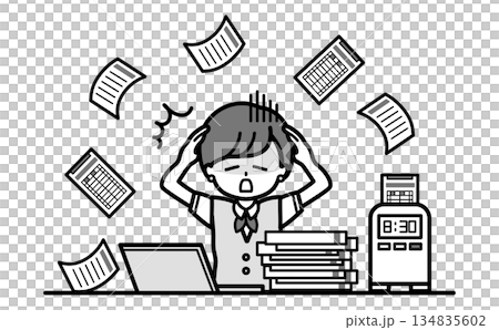 紙での勤怠管理の仕事が大変で忙しいショートヘアーの女性職員の白黒イラスト 紙での勤怠管理の仕事が大変で忙しいショートヘアーの女性職員の白黒イラスト 134835602
