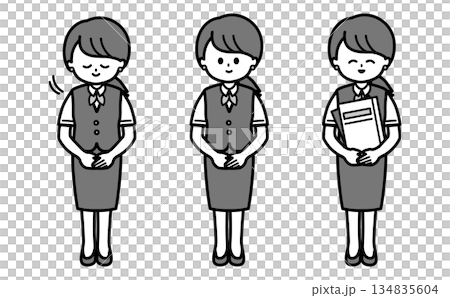 優しい女性社員の白黒イラストセット 受付や事務の丁寧なお辞儀ポーズの挿絵 134835604