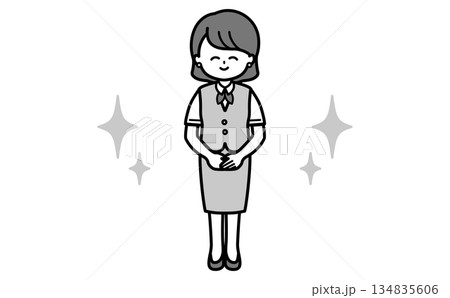 笑顔で丁寧に案内するシンプルな女性社員の全身イラスト 受付・接客・説明・資料用の白黒素材 笑顔で丁寧に案内するシンプルな女性社員の全身イラスト 受付・接客・説明・資料用の白黒素材 134835606