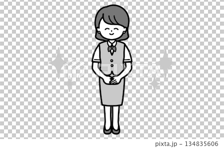 笑顔で丁寧に案内するシンプルな女性社員の全身イラスト 受付・接客・説明・資料用の白黒素材 笑顔で丁寧に案内するシンプルな女性社員の全身イラスト 受付・接客・説明・資料用の白黒素材 134835606