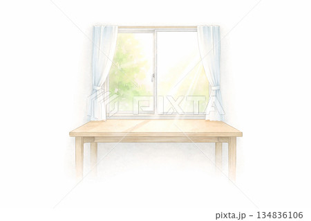 やわらかな光が差し込む窓辺と木のテーブルの水彩風イラスト素材 134836106