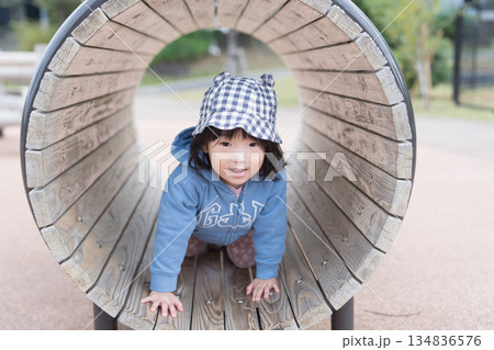 公園の遊具で遊ぶ日本人の女の子の幼児 134836576