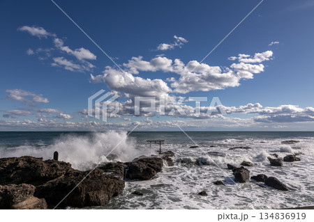 半逆光で荒波が輝く神磯の鳥居と白雲【茨城県大洗海岸】 134836919