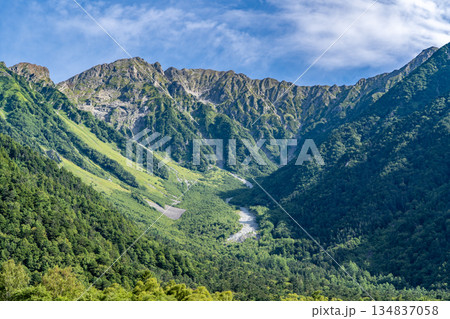 梓川から見上げる穂高連峰(奥穂高岳と吊尾根) 上高地自然遊歩道 森林浴ウォーキング 梓川から見上げる穂高連峰(奥穂高岳と吊尾根) 上高地自然遊歩道 森林浴ウォーキング 134837058