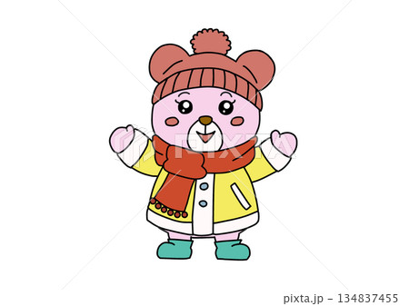 ニット帽とマフラーで遊んでいるくま ニット帽とマフラーで遊んでいるくま 134837455