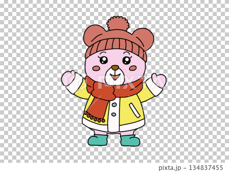 ニット帽とマフラーで遊んでいるくま ニット帽とマフラーで遊んでいるくま 134837455