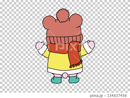 ニット帽とマフラーで遊んでいるくま（後ろ姿） 134837456