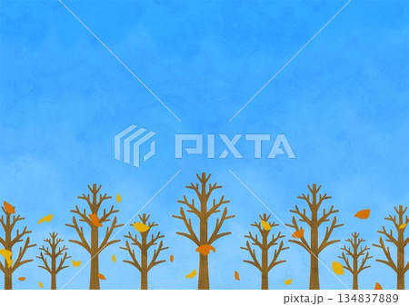 枯れ木と落ち葉と青空の手描き風イラスト 枯れ木と落ち葉と青空の手描き風イラスト 134837889