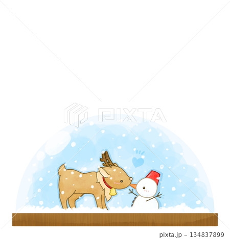 トナカイと雪だるまのスノードームの手描き風イラスト 134837899