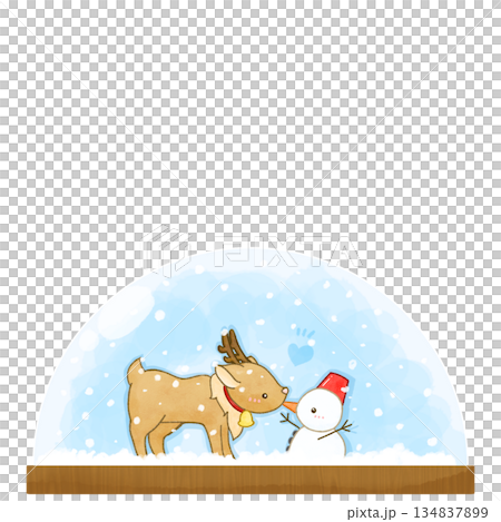 トナカイと雪だるまのスノードームの手描き風イラスト 134837899