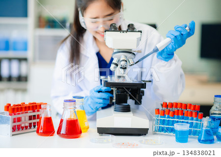 Female biotechnologist testing new chemical substances in a laboratory. Female biotechnologist testing new chemical substances in a laboratory. 134838021