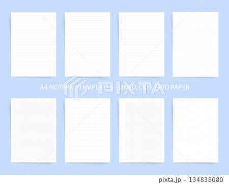 A4 Notepad Templates Bundle Lined Dot and Grid Paper Pages Minimal Notebook Sheets for Writing Study Printable Vector Set 134838080