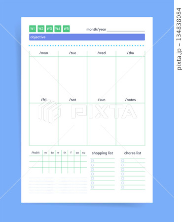 Weekly planner template with objective bar, week labels and daily sections. Includes a notes column, habit tracker and shopping and chores lists. blue and green minimal design for productivity. Weekly planner template with objective bar, week labels and daily sections. Includes a notes column, habit tracker and shopping and chores lists. blue and green minimal design for productivity. 134838084