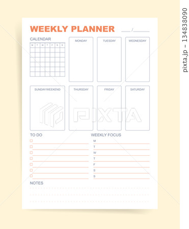 Clean Weekly Planner Template with Large Daily Columns, Calendar Grid, To Do List and Weekly Focus Section. Minimal Neutral Organizer Page for Office Work, Study Planning and Time Management Sheet 134838090