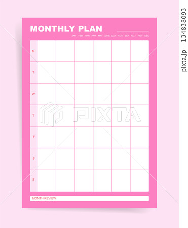 Pink monthly plan template with weekly grid and month review section. Calendar layout with week columns and space for daily planning. Vector design for scheduling and reflection. 134838093