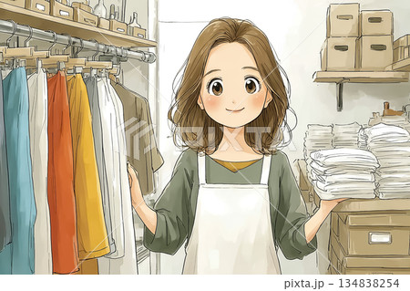 衣類リメイクショップで洋服を案内する若い女性店員のイラスト 134838254