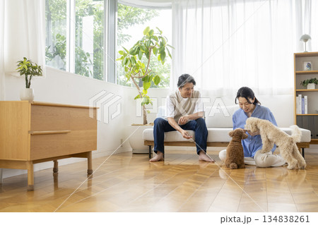 50代の夫婦と犬　犬との暮らしイメージ 134838261
