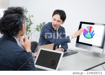 会議室でミーティングする真剣な表情のビジネスマン 企画の説明をする若い男性 戦略会議のイメージ 会議室でミーティングする真剣な表情のビジネスマン 企画の説明をする若い男性 戦略会議のイメージ 134838711