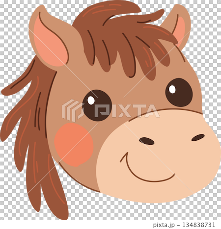 Cute cartoon horse head showing a friendly animal character. Ideal for kids books nursery decor classroom materials Cute cartoon horse head showing a friendly animal character. Ideal for kids books nursery decor classroom materials 134838731