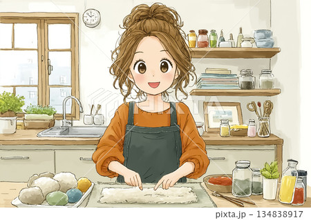 衣類リメイクの下準備をする若い女性のナチュラルライフスタイルイラスト 134838917