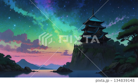 ゲーム背景 満月の夜の池に反射する満月と伝説の城がある星空の風景画 ゲーム背景 満月の夜の池に反射する満月と伝説の城がある星空の風景画 134839148