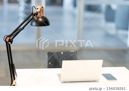 Corporate working space, paperwork. Laptop table. Corporate business workplace. Selective focus. Modern workspace with laptop copy space. Business office. Open space office. Working office interior 134839261