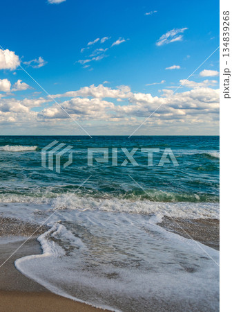 Horizon with sea cloudy sky. Calm horizon at sea. Romantic summer vacation seascape. Seascape horizon paradise. Sea sunrise on ocean beach. Sunset seascape at summer vacation. Endless horizon 134839268