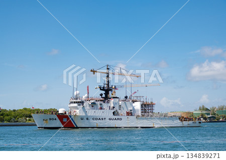 Miami, Florida, USA - July 19, 2025: USCGC Harriet Lane. US coast guard boat. Medium Endurance Cutter. Patrol ship of US coast guard with crew. Coast guard patrol boat in sea Miami, Florida, USA - July 19, 2025: USCGC Harriet Lane. US coast guard boat. Medium Endurance Cutter. Patrol ship of US coast guard with crew. Coast guard patrol boat in sea 134839271