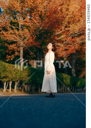 秋の公園に佇む日本人女性 134839460