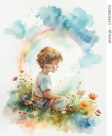 ルノルマンカード「子供」瞑想する少年の水彩画イラスト／チラシやポスター用素材 134839652