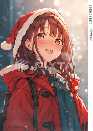 雪降る街で微笑むサンタ帽のアニメ美少女　クリスマス冬イラスト 134839897
