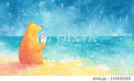 浜辺でアイスを食べるクマの水彩画 夏イラスト素材 134840368