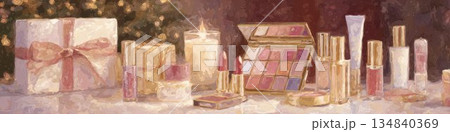 コスメとギフトボックスの静物イラスト 水彩風 ビューティー背景 134840369