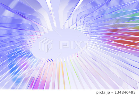 Radial circle speed lines with rainbow holographic gradient on light purple background. Ribbed fractal glass texture, circular array effect. Abstract layer bg of transparent stripes. 3D illustration 134840495