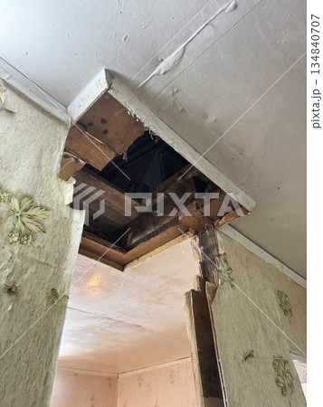 Opening in the ceiling where the chimney of the old heating stove was. Opening in the ceiling where the chimney of the old heating stove was. 134840707