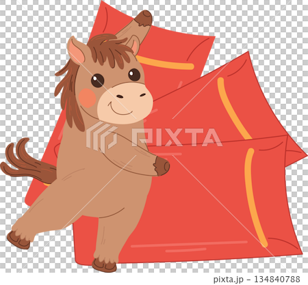 cute cartoon horse holding red envelopes for chinese new year celebration 134840788