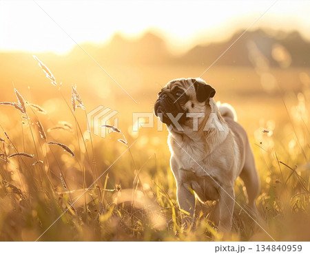 夕陽に照らされる草原のパグ犬 夕陽に照らされる草原のパグ犬 134840959