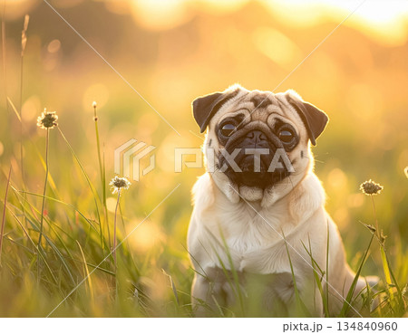 草原に佇む夕暮れのパグ犬ポートレート 134840960