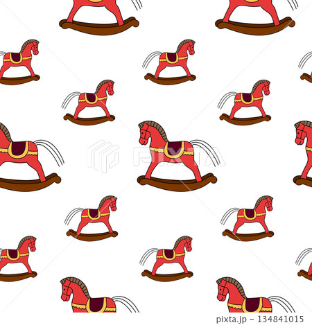 Retro red horse toy seamless pattern. 2026 seamless pattern. Christmas ornament. Perfect for wrapping. 134841015