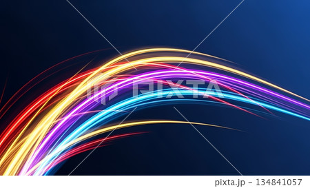 ダークブルーの背景に輝くネオンカラーの光の帯とダイナミックな動き ダークブルーの背景に輝くネオンカラーの光の帯とダイナミックな動き 134841057
