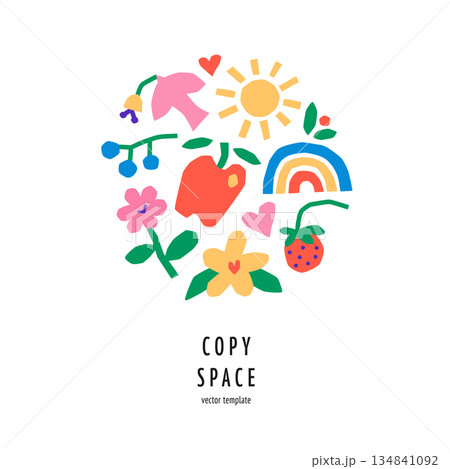 Spring greeting card template with naive doodles and childlike charm, vector flat cartoon illustration about love, celebration. Flowers, rainbow and sun for holiday cards, invitations with copy space 134841092
