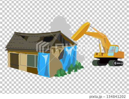 用鏟子拆除廢棄房屋的工作示意圖 134841202